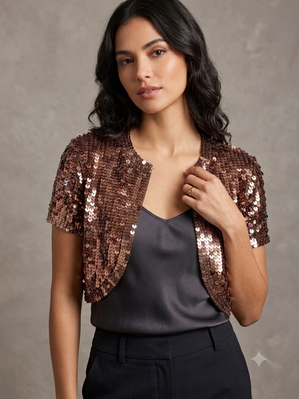 Vintage Papell Boutique Evening Bronze Sequin Shrug Bolero Silk Blend Size M